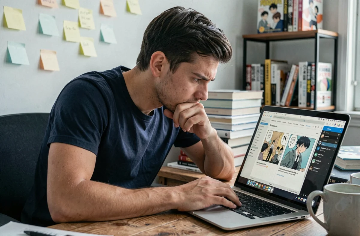 Homme consultant un site de lecture de manga en ligne sur laptop dans un bureau à domicile