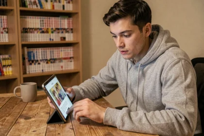 Jeune homme lisant des mangas sur une tablette via une application alternative à Epsilon scantrad