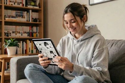 Jeune femme lisant un manga sur tablette dans un appartement cosy entouré de volumes de mangas