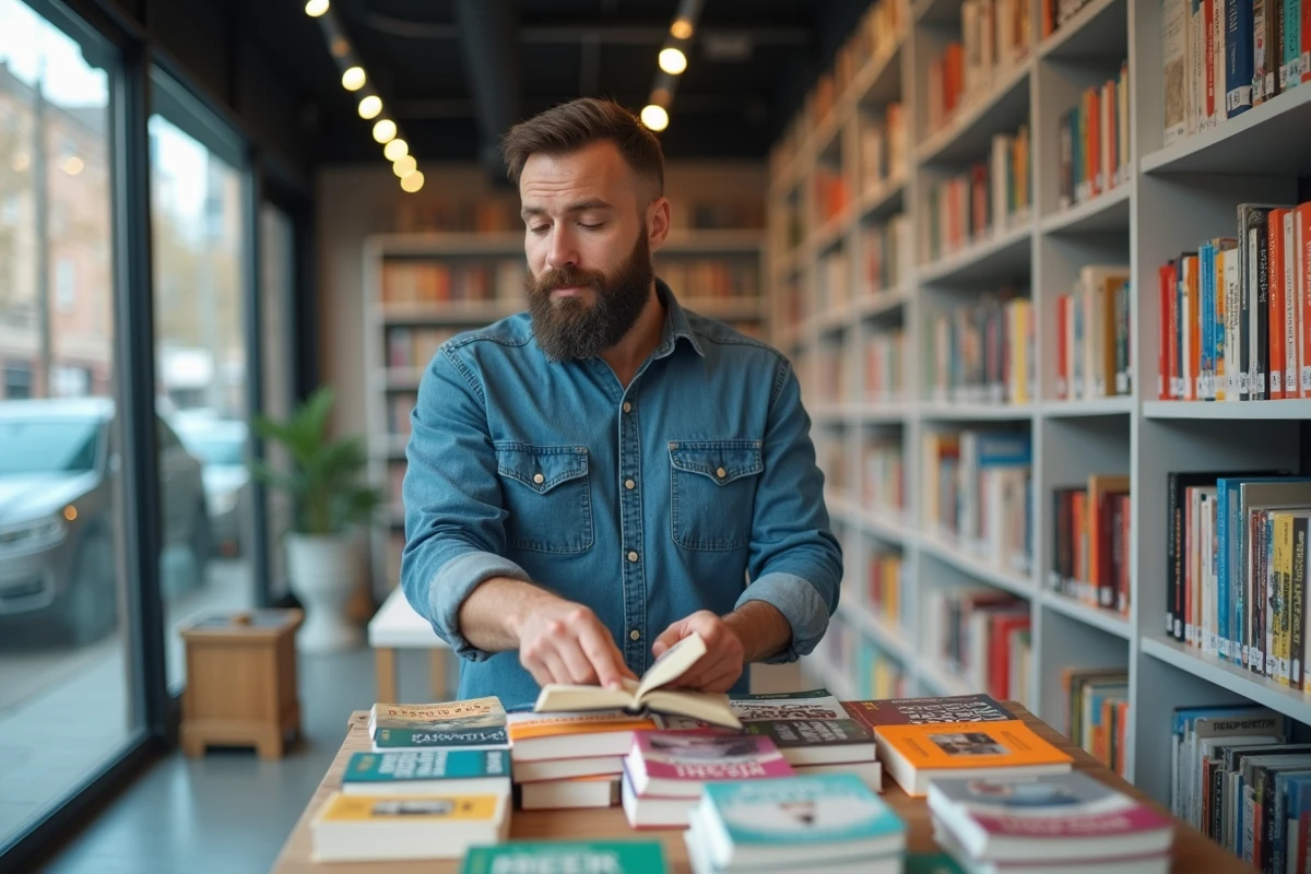 Libraire arrangeant des livres bestsellers dans une librairie moderne et lumineuse
