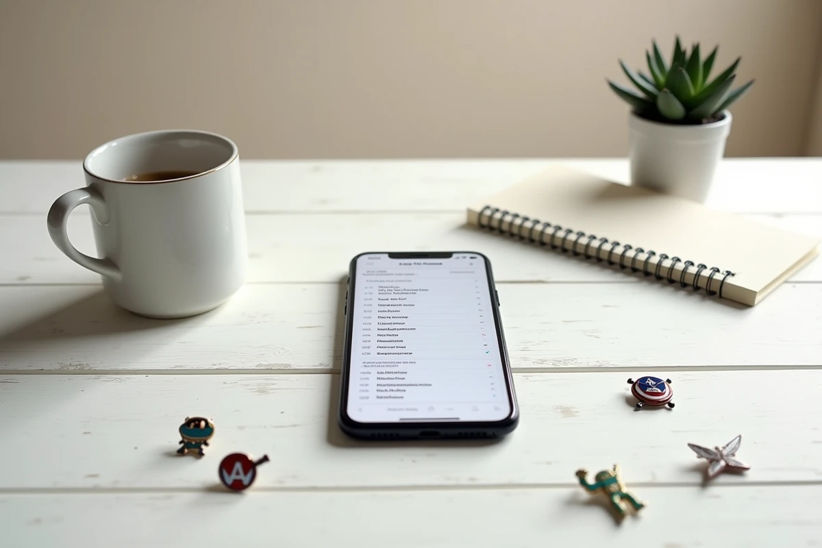 Smartphone affichant une liste chronologique des films Marvel sur un bureau avec un carnet manuscrit et accessoires de fan