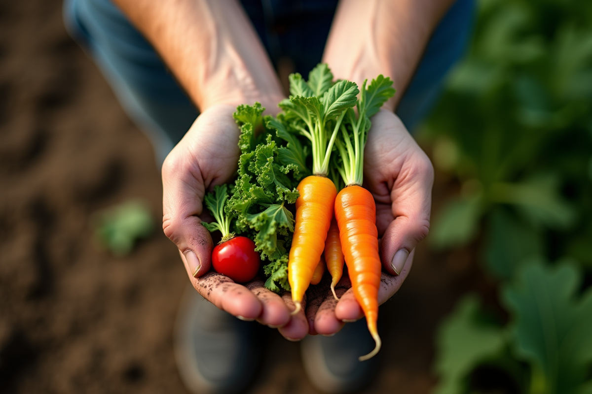 Mains tenant des legumes en V fraîchement récoltés dans la terre