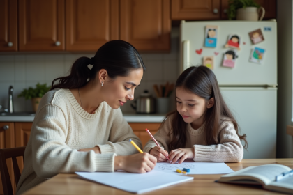 Maman aidant sa fille pour les devoirs à la maison