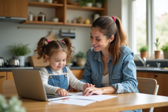 Femme et fille échangeant un dessin dans une cuisine lumineuse