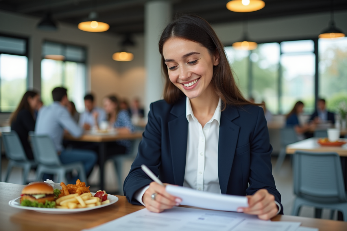 Jeune femme gestionnaire dans une cafetaria organise des bons repas