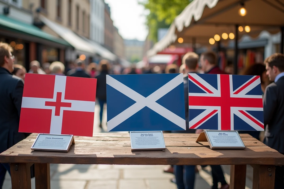 Stand de marché londonien présentant les trois drapeaux constitutifs du drapeau britannique avec des panneaux explicatifs historiques
