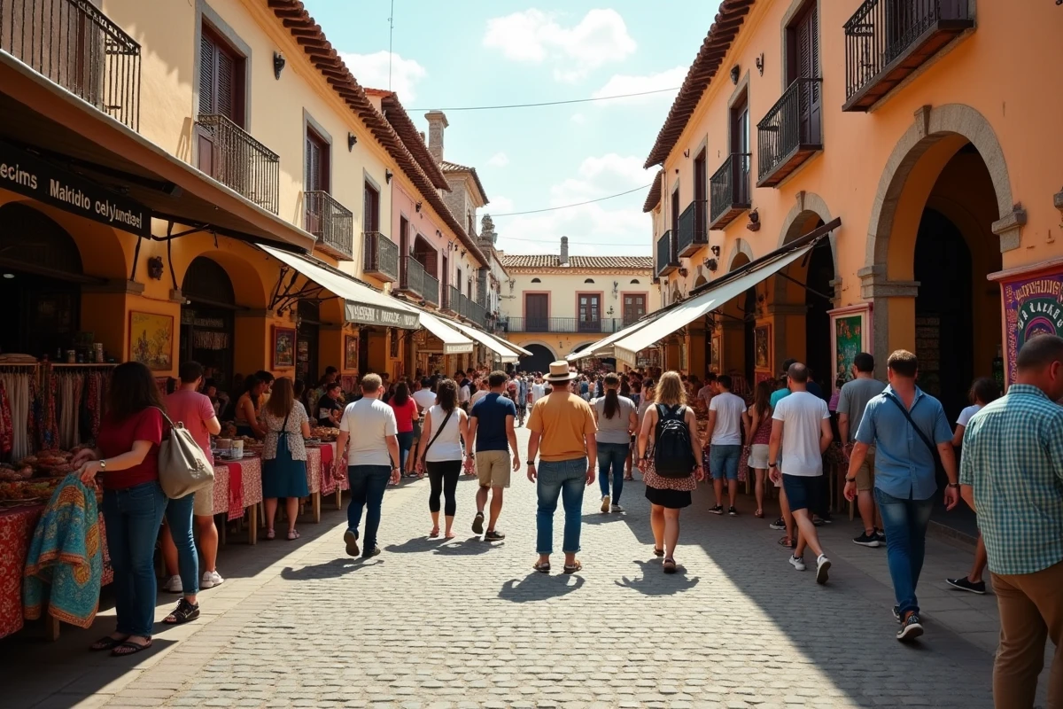 Place de marché animée dans une ville hispanophone d'Amérique latine avec architecture coloniale et foule diverse