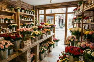 Intérieur d'une boutique fleuriste dans le Nord avec des compositions florales colorées et abondantes sur un comptoir en bois rustique