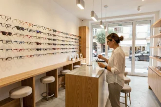 Intérieur d'une opticerie moderne sur la Côte d'Azur avec une large sélection de montures et une opticienne professionnelle