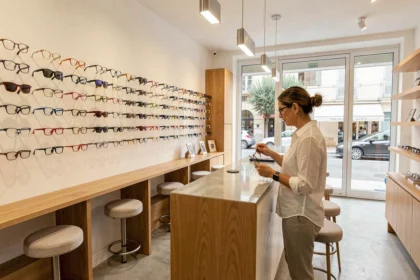 Intérieur d'une opticerie moderne sur la Côte d'Azur avec une large sélection de montures et une opticienne professionnelle