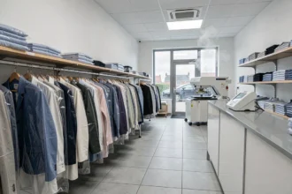 Intérieur d'un pressing professionnel dans le Pas-de-Calais avec des vêtements sur cintre emballés et une machine à repasser
