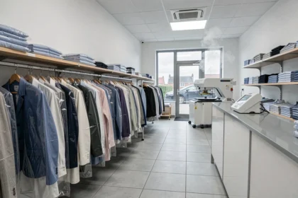 Intérieur d'un pressing professionnel dans le Pas-de-Calais avec des vêtements sur cintre emballés et une machine à repasser