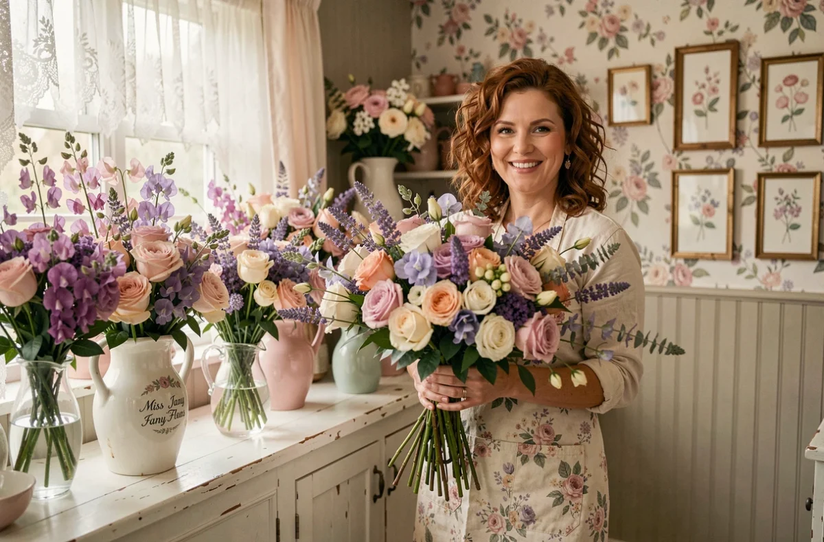Miss Jany Fleurs, fleuriste souriante aux cheveux auburn tenant un bouquet romantique de roses et lavande dans une boutique au style cottage nostalgique