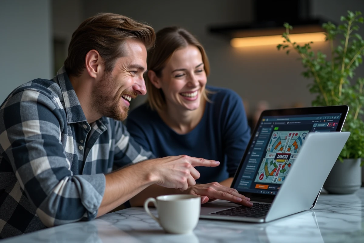 Deux adultes jouant à une alternative gratuite au Monopoly en ligne sur un ordinateur portable dans une cuisine moderne