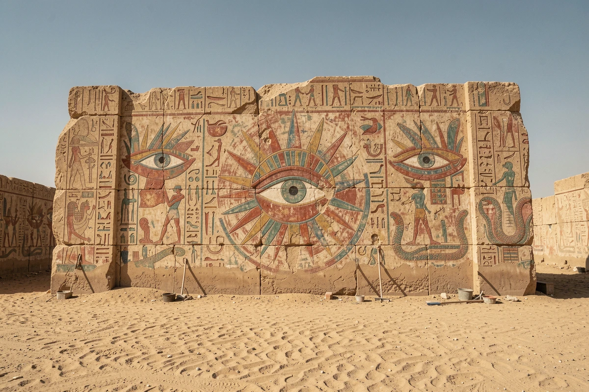 Mur de temple égyptien ancien avec des hiéroglyphes peints représentant l'œil de Rê et des motifs solaires sur un site archéologique désertique