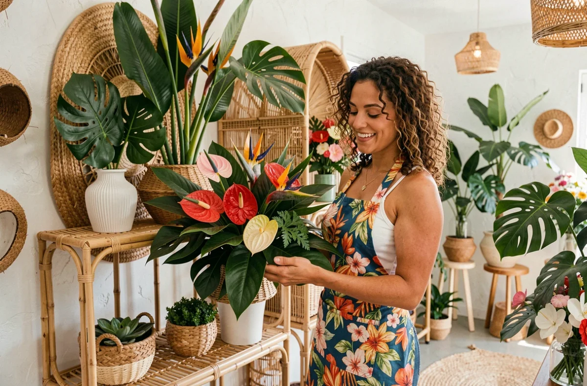Intérieur de Noix de Coco Fleurs avec des compositions exotiques tropicales sur des étagères en rotin dans une boutique moderne et chaleureuse