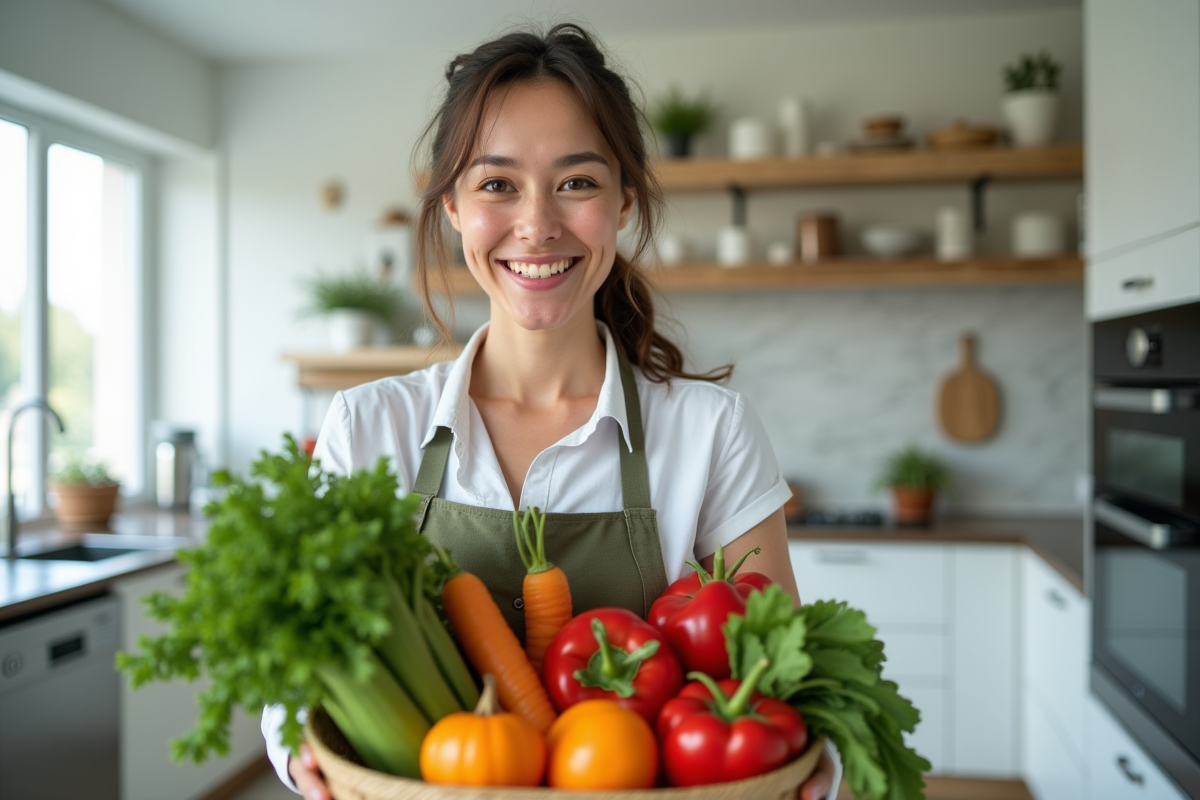 Nutritionniste souriante tenant un panier de legumes