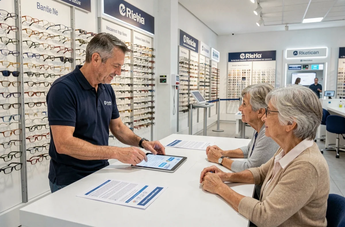 Opticien d'Optical Center Nice expliquant la prise en charge mutuelle à un couple dans une grande enseigne d'optique