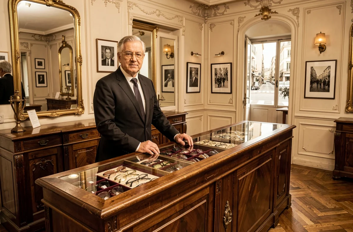 Opticien historique d'Optique Chambon dans sa boutique patrimoniale du centre-ville de Nice avec des vitrines de lunettes de collection