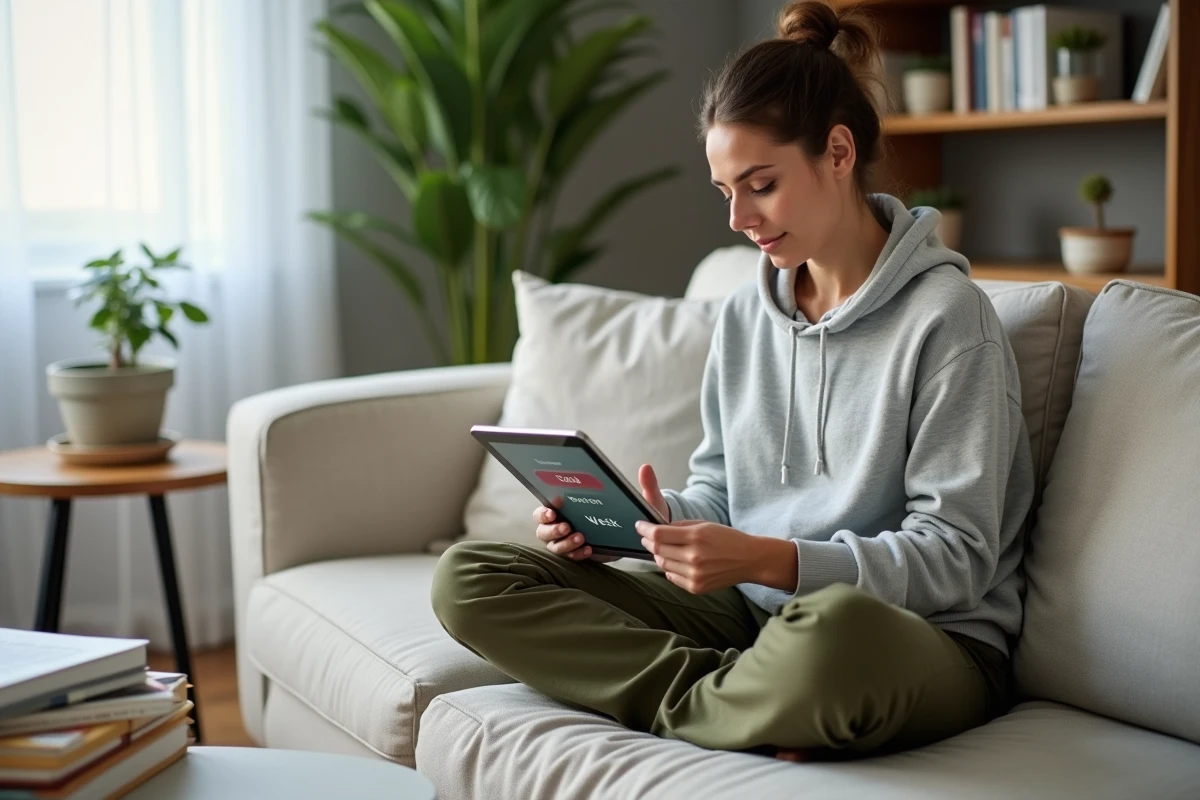 Femme consultant un organisateur familial numérique sur tablette pour gérer les semaines impaires de 2026