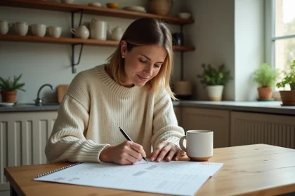 Femme organisant le planning familial 2026 sur un calendrier papier à la table de cuisine