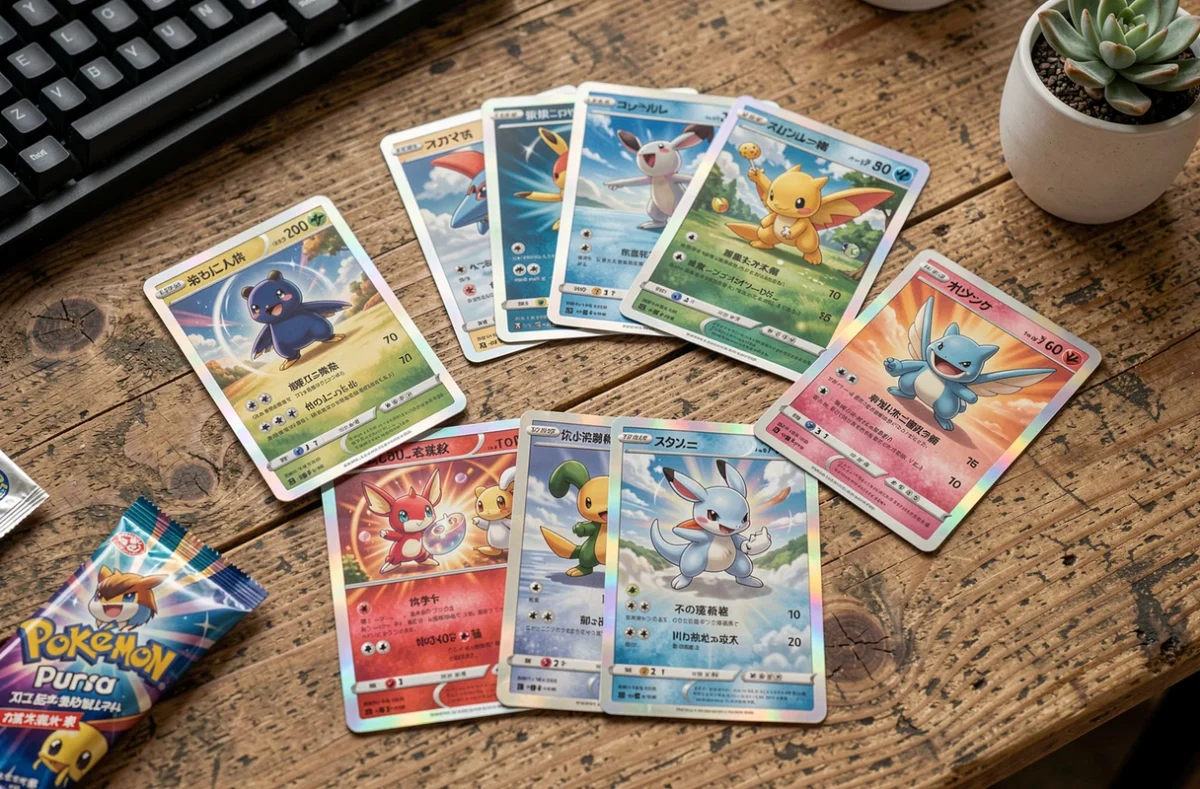Cartes Pokémon de l'extension Rivalités Destinées 2026 étalées sur un bureau en bois avec un booster ouvert, vue du dessus pour illustrer une ouverture de boosters de collection