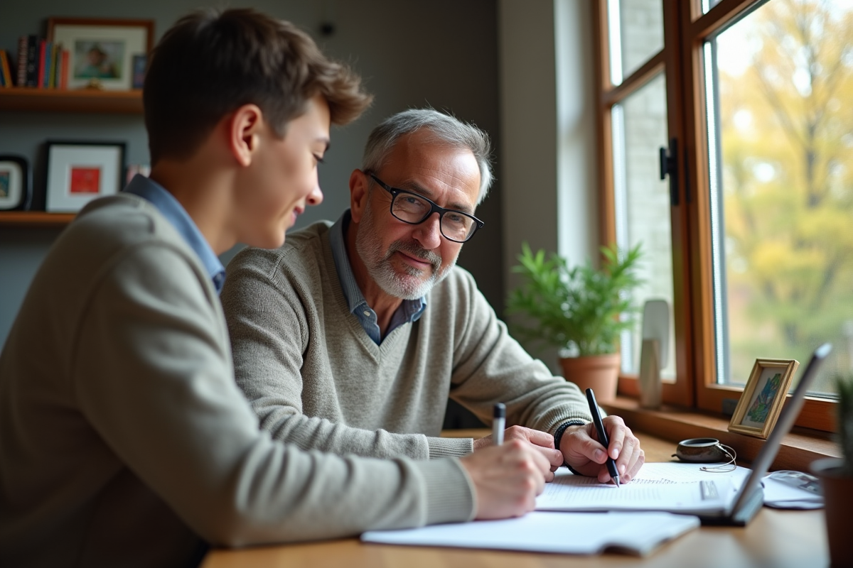 Pere aidant son fils avec ses devoirs dans un bureau cosy
