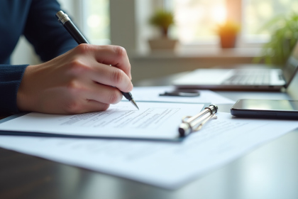 Main remplissant documents d'immatriculation voiture