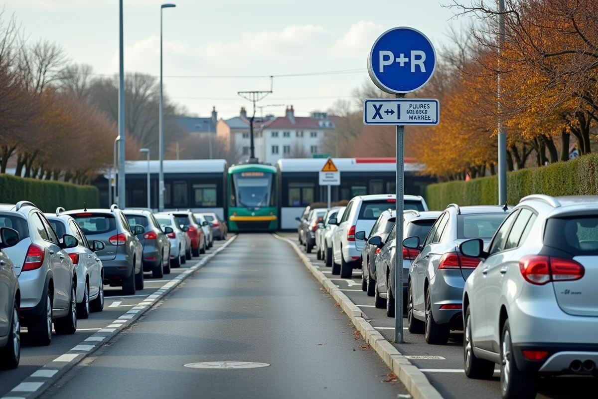 Parking relais P+R à Bordeaux avec signalétique et tram en arrière-plan
