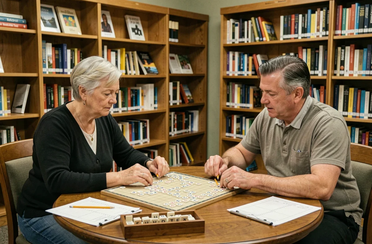 Deux joueurs adultes en compétition amicale autour d'un plateau de Scrabble dans une bibliothèque