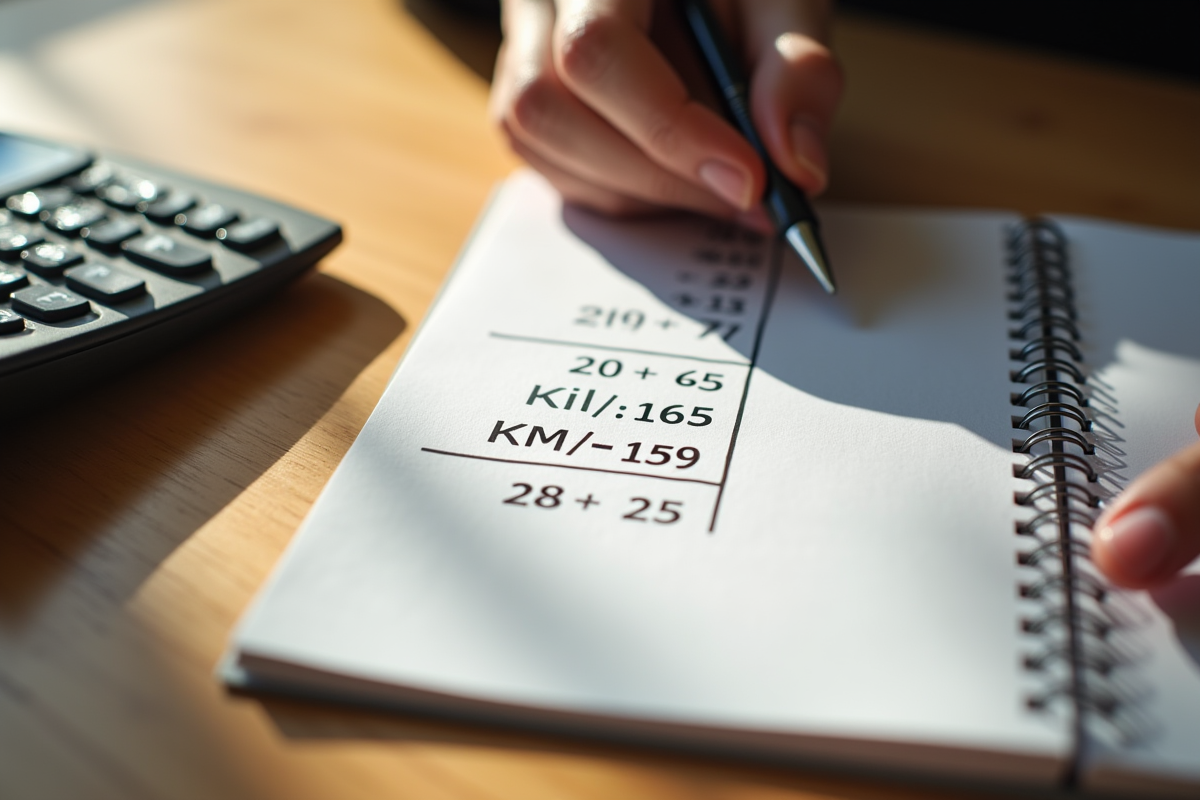 Personne utilisant une calculatrice pour convertir miles en km au bureau