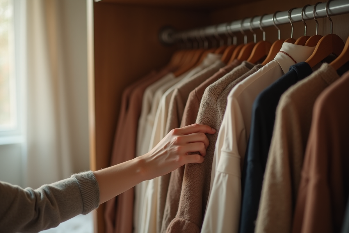 Personne choisissant une tenue dans une petite garde-robe capsule