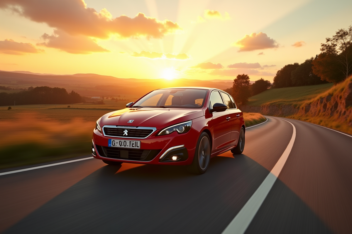 Peugeot 308 2015 roulant en campagne au coucher du soleil