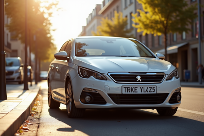 Peugeot 308 2015 stationnée en ville en journée