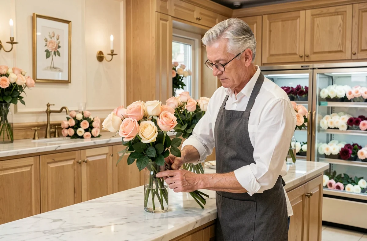 Philippe Leclercq, fleuriste distingué aux cheveux argentés, taillant des roses dans son atelier floral classique et élégant