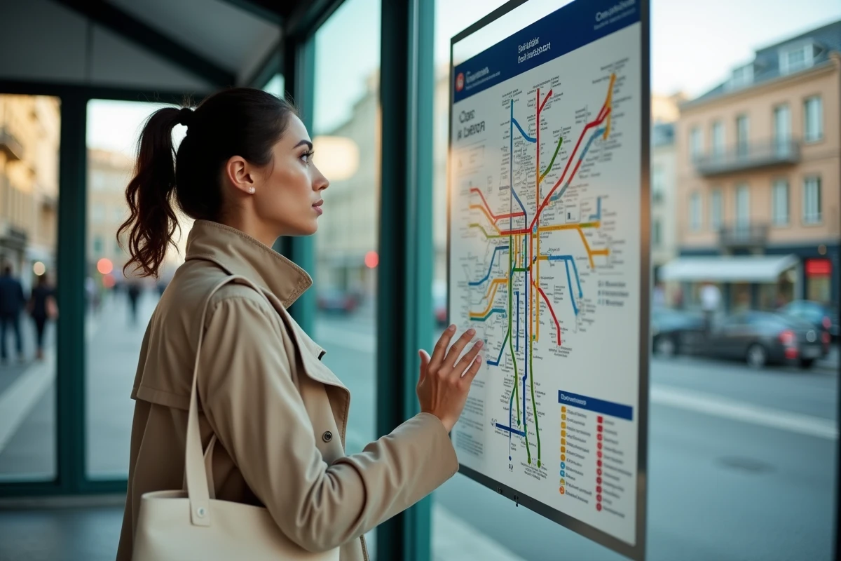 Femme consultant le plan du réseau tram de Bordeaux dans un abri de station TBM