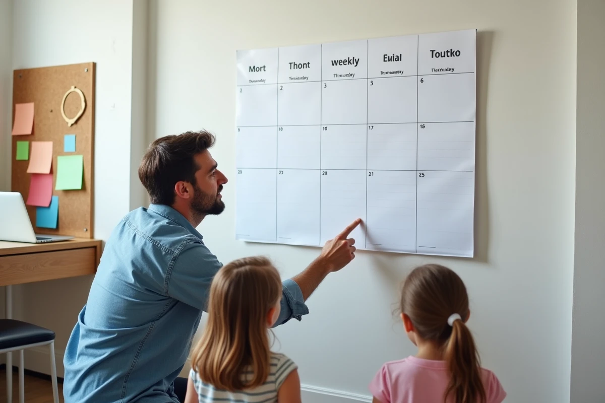 Père et enfants consultant un planning hebdomadaire avec semaines impaires affiché dans le bureau à la maison