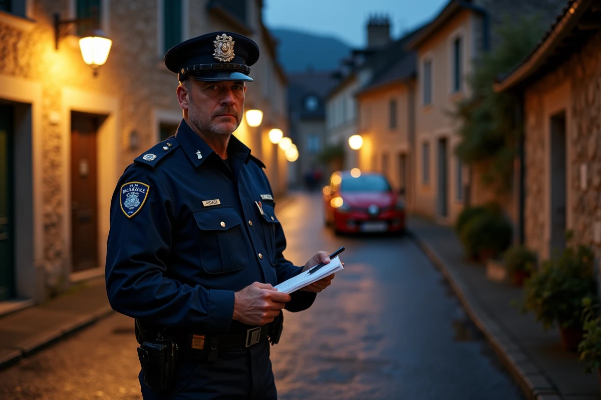 Agent de police municipale dressant un procès-verbal pour tapage nocturne dans un village
