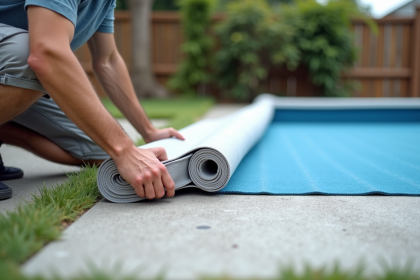 Homme posant une tapis de protection pour piscine hors-sol