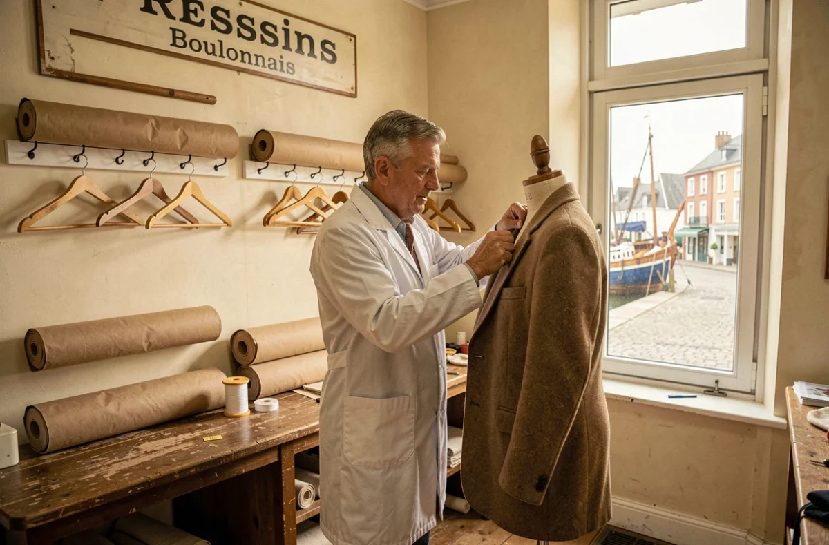 Tailleur du Pressing Boulonnais finissant à la main un manteau en laine sur un mannequin dans un atelier artisanal de Boulogne-sur-Mer