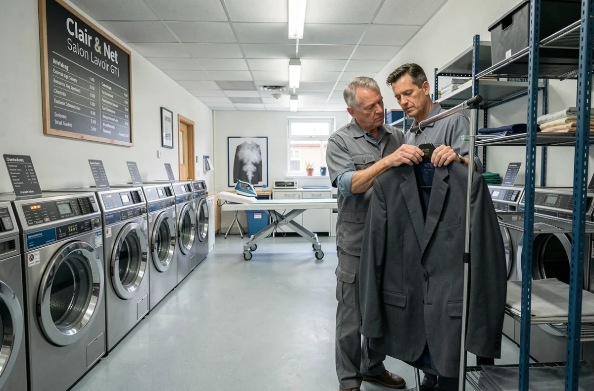 Technicien du Clair & Net Salon Lavoir GTI inspectant un veston dans un espace combinant laverie et pressing