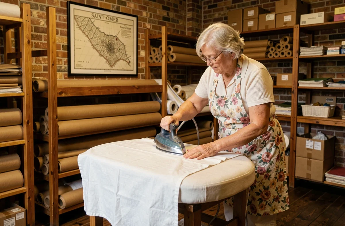 Repasseuse du Pressing de l'Audomarois repassant une nappe en lin dans un atelier au décor régional traditionnel