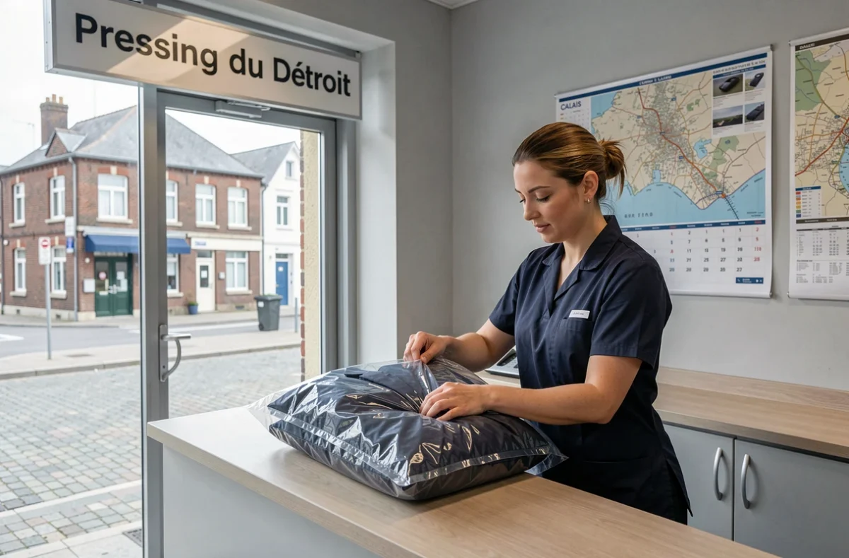 Employée du Pressing du Détroit à Calais emballant un costume pour un client avec vue sur la rue calaisienn