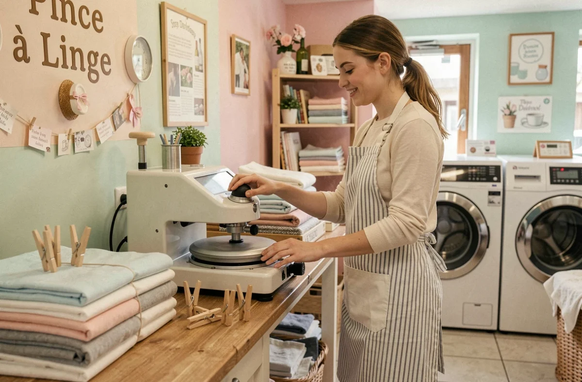 Employée de la boutique Pince à Linge utilisant une presse à vapeur professionnelle dans un cadre chaleureux