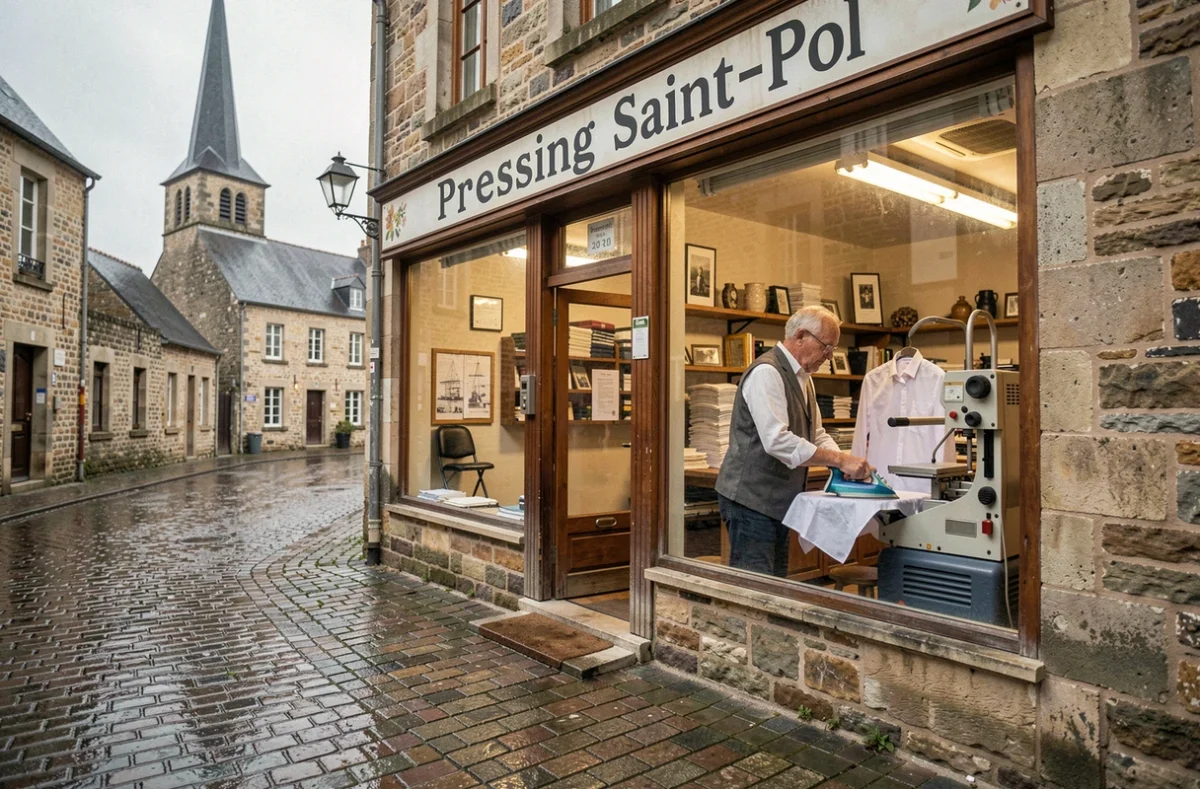Devanture du Pressing Saint-Pol avec son propriétaire repassant une chemise visible à travers la vitrine sur une place pavée