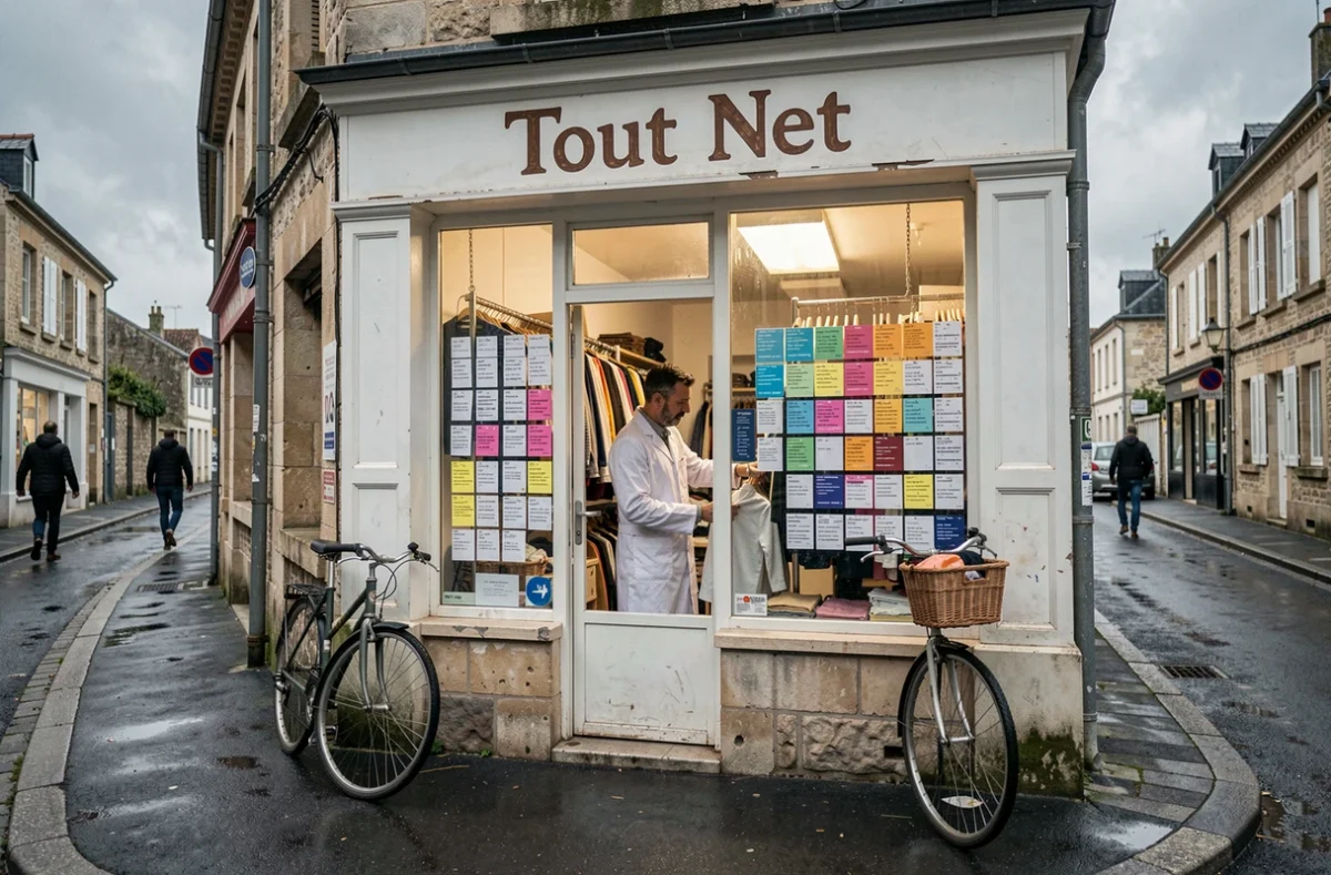 Devanture du pressing Tout Net sur une rue commerçante du Pas-de-Calais avec son propriétaire visible à travers la vitrine