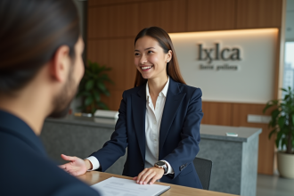 Réceptionniste professionnelle accueillante dans un lobby moderne