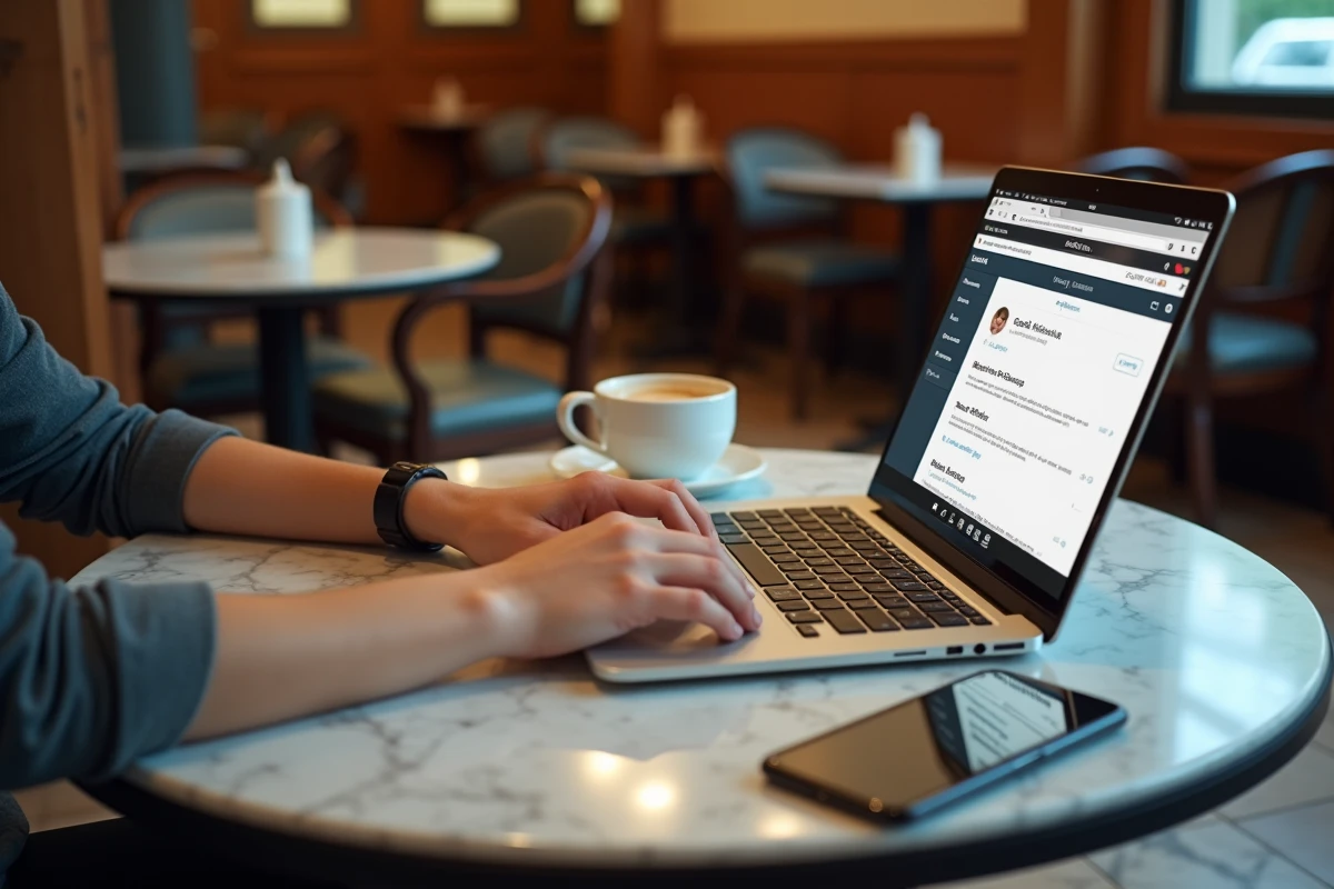 Personne dans un café utilisant un annuaire inversé en ligne pour identifier un numéro de téléphone inconnu