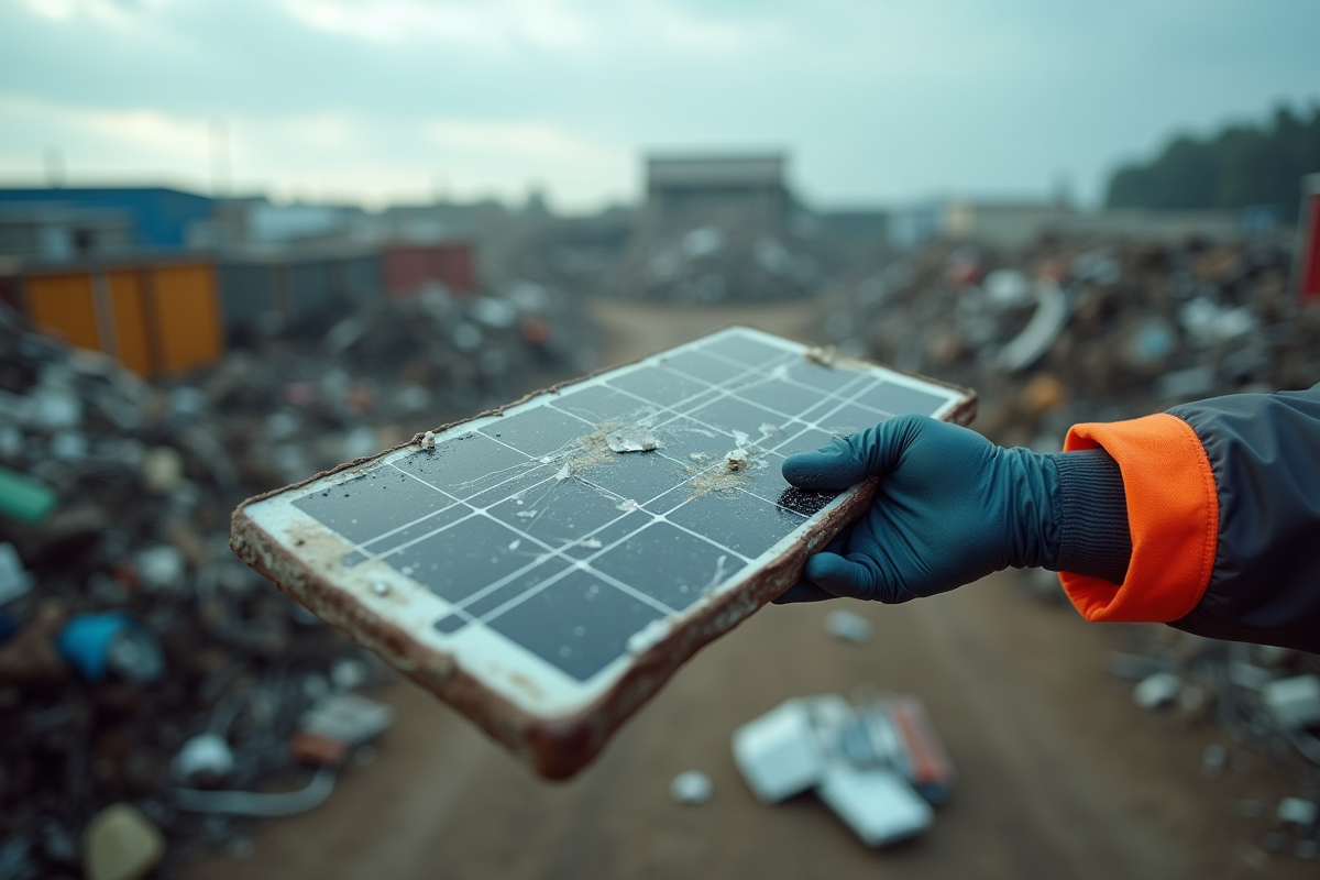Main gantée tenant un panneau solaire cassé dans une décharge