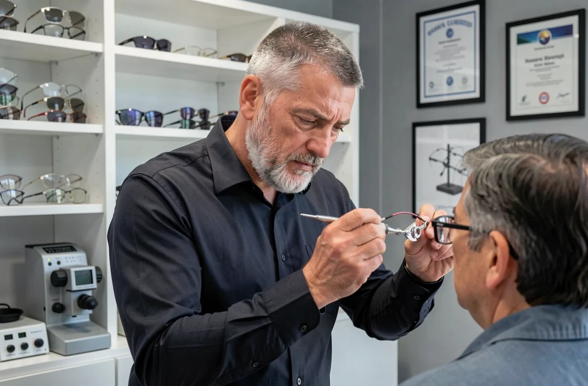 Opticien spécialisé de Reflet Optic Nice ajustant des lunettes techniques avec des outils de précision